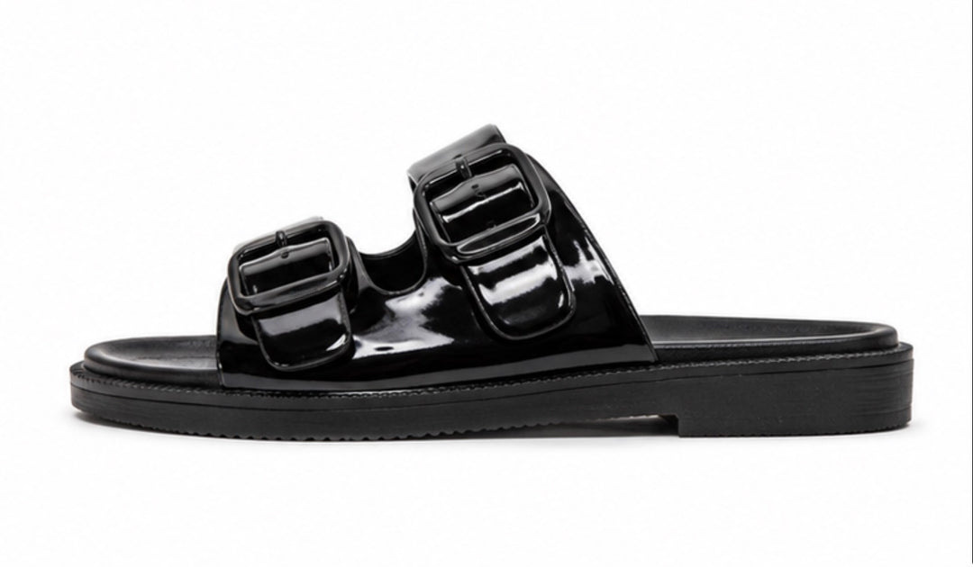 Women’s Black Patent Double Buckle Slide Sandals