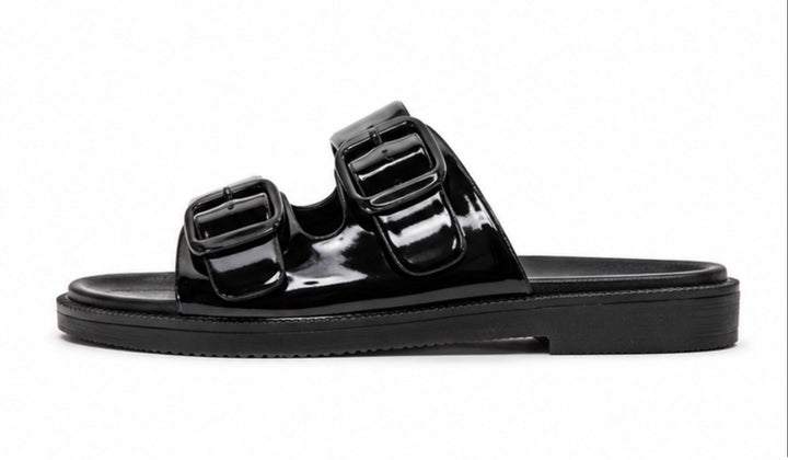 Women’s Black Patent Double Buckle Slide Sandals