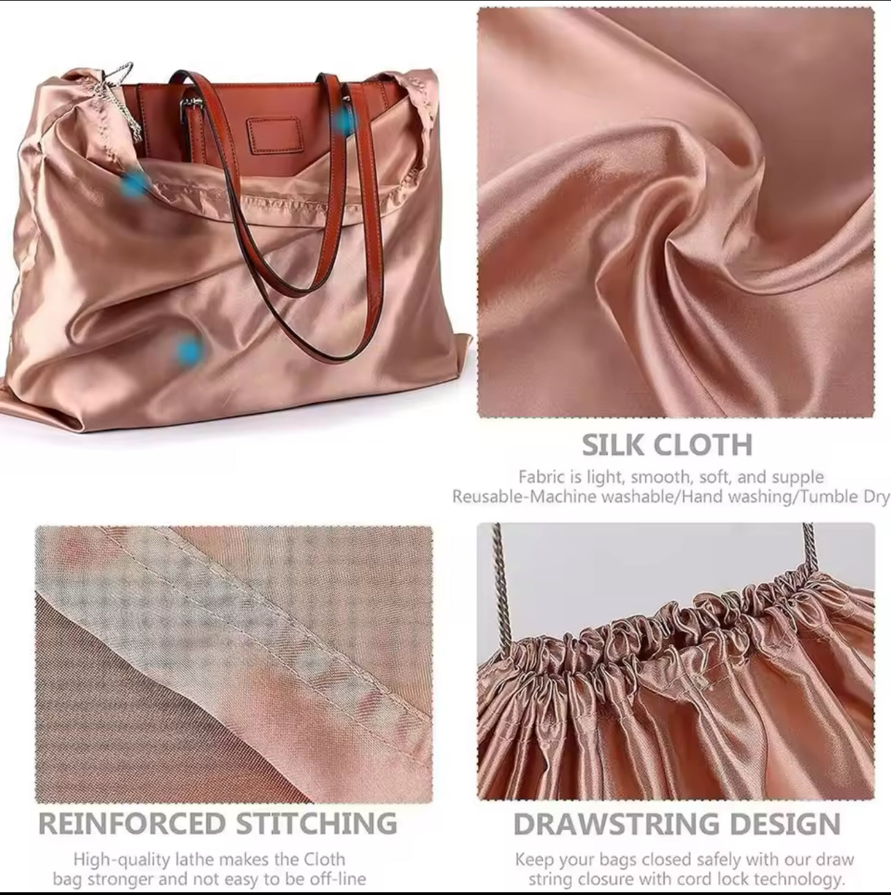 Rose gold dust bag, drawstring bag