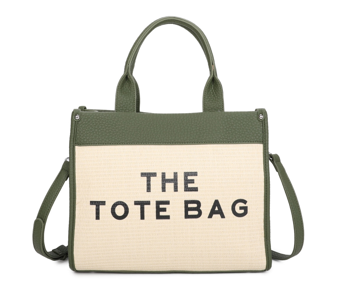 Green and beige tote bag with 'THE TOTE BAG' text on a hessian background