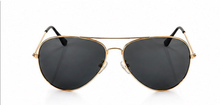 Classic gold aviator sunglasses with black tinted lenses and a lightweight metal frame on a white background.
