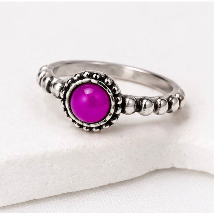 Silver Beaded Gemstone Ring – Assorted Colours