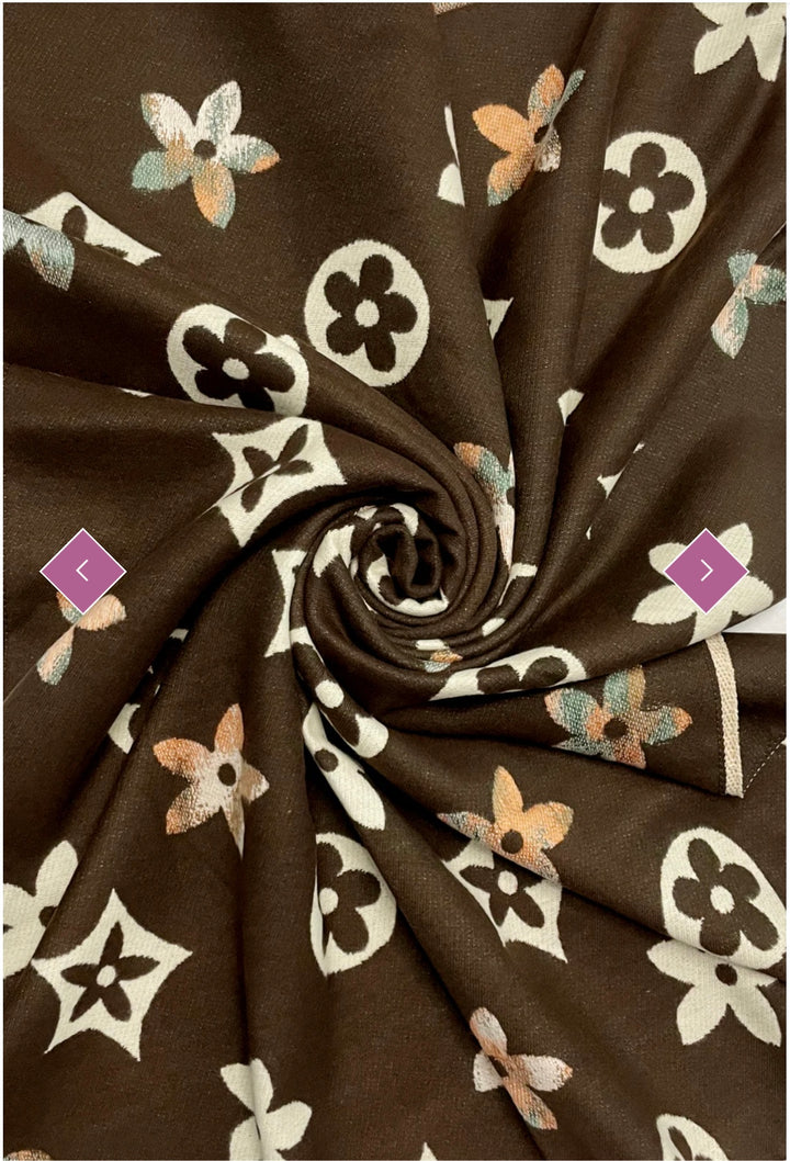 floral patterned scarf in brown and beige large flower monogram 