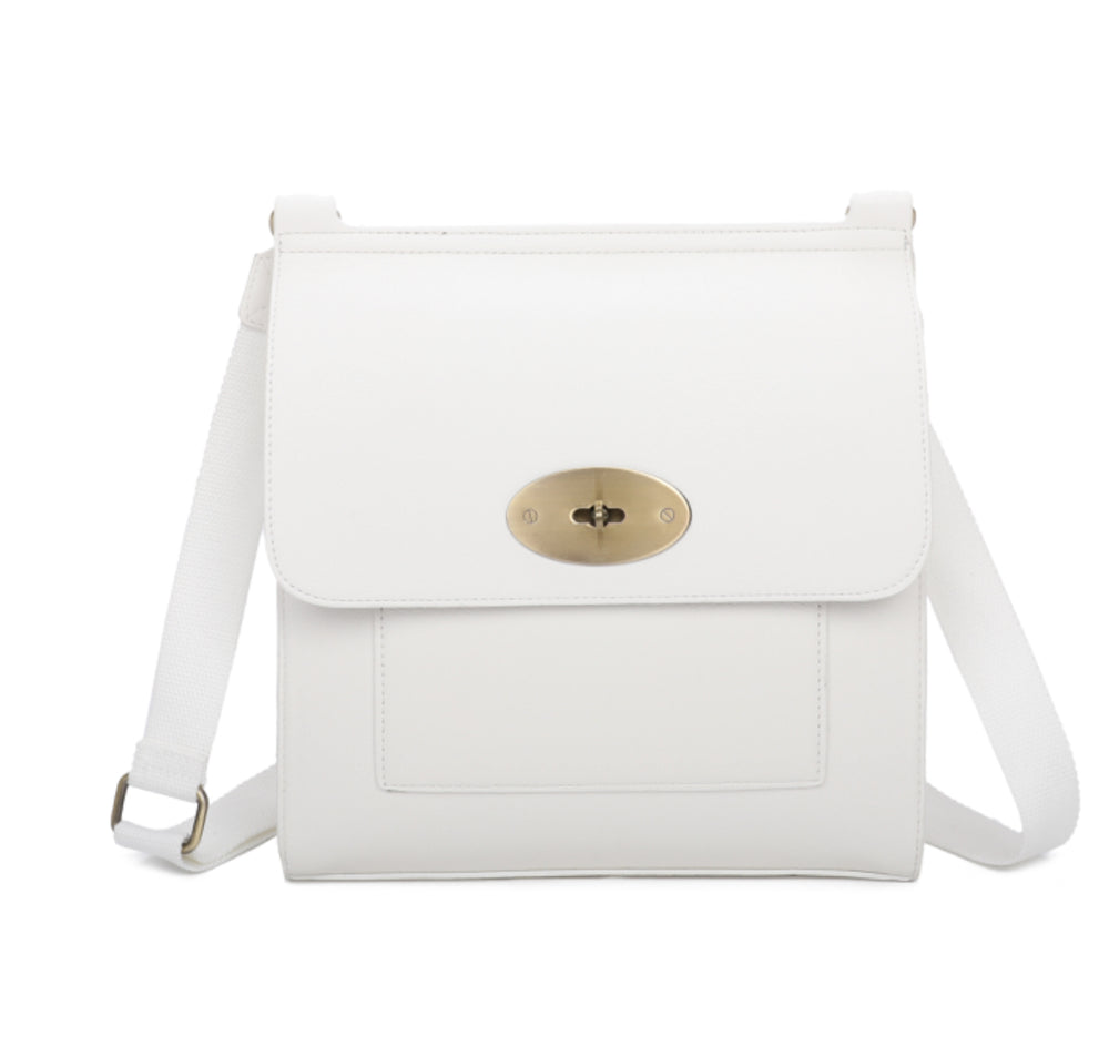 White satchel bag with gold hard wear detailing and a long strap 