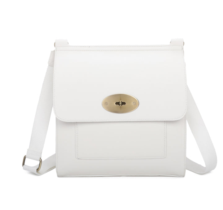 White satchel bag with gold hard wear detailing and a long strap 