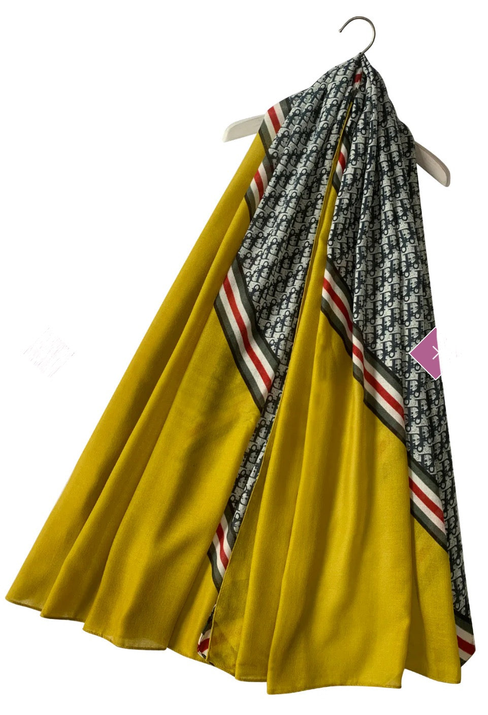 Letter detailed scarf with mustard red and green stripe 