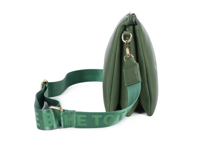 Green crossbody bag with visible branding on a white background