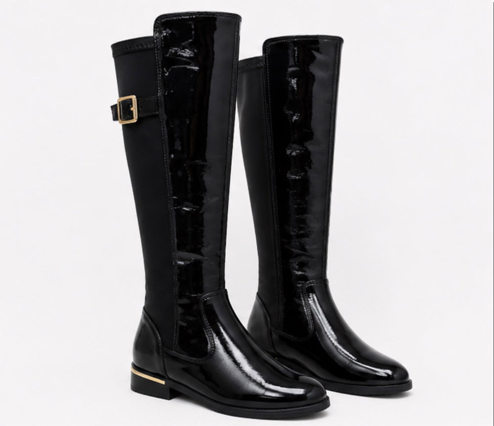 Buckle detail knee high boots available in tan and black patent with low heel