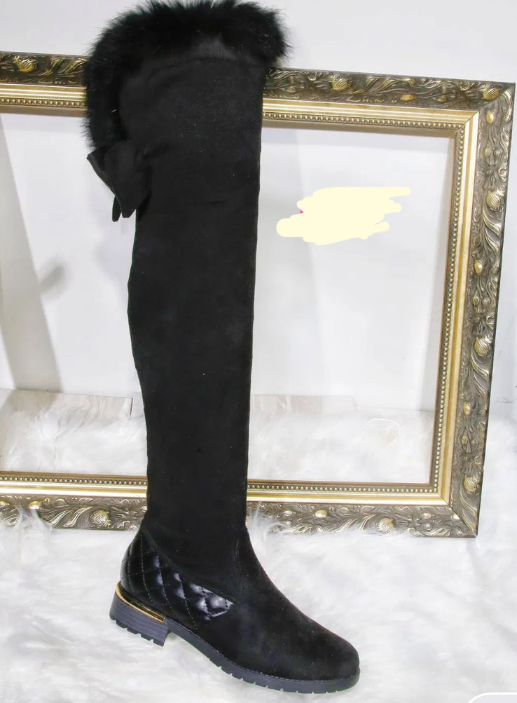 Black over the knee boots with faux fur trim, women’s winter boots
