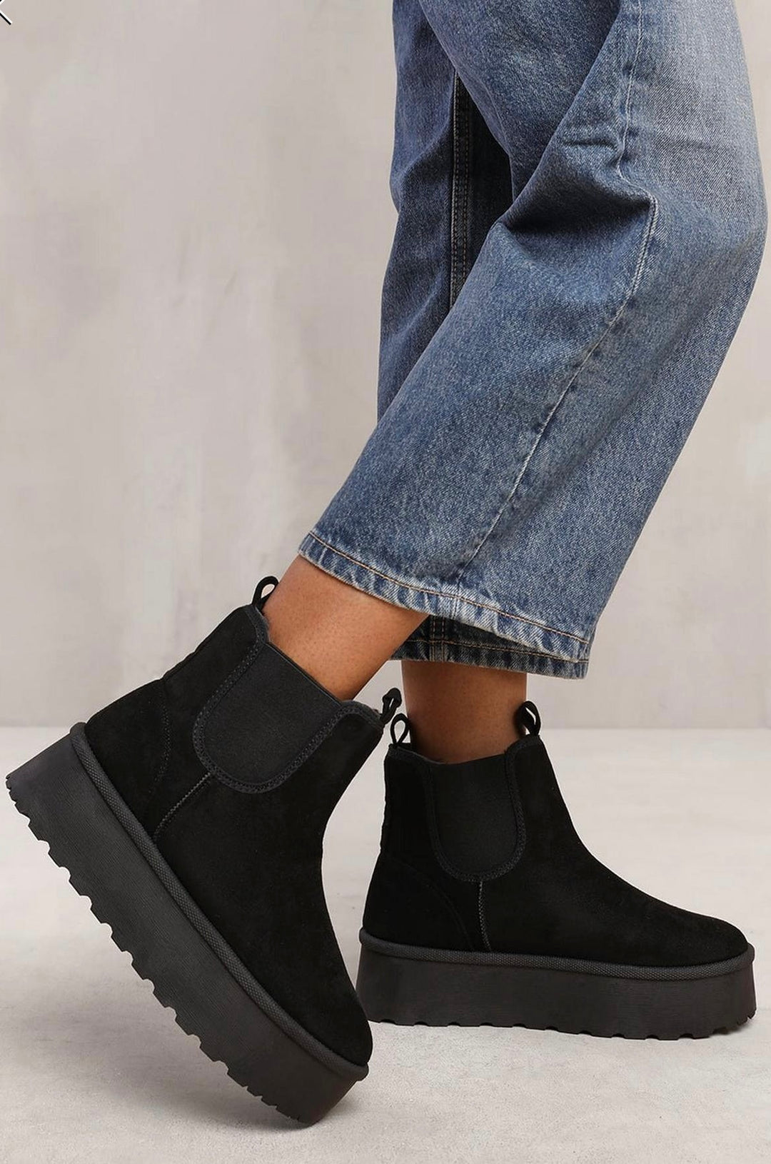 Black faux suede wedge ankle boots, women’s winter boots side view