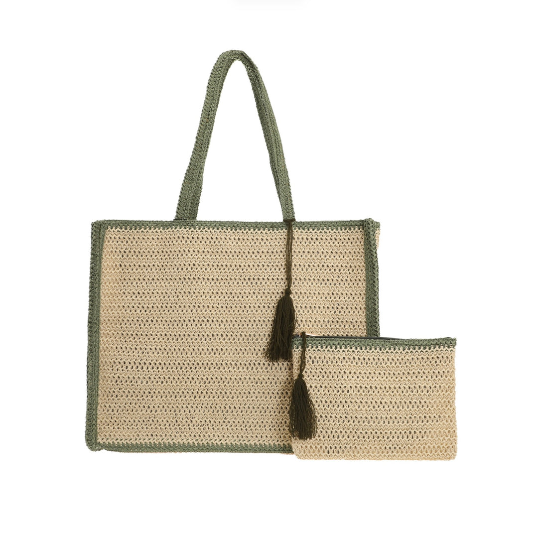 Woven Straw Beach Tote Bag with Matching Zip Pouch