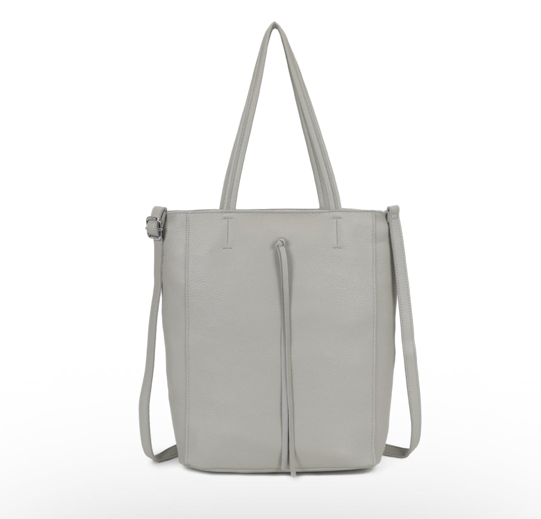 Light gray tote bag with shoulder straps on a white background