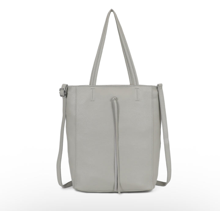 Light gray tote bag with shoulder straps on a white background