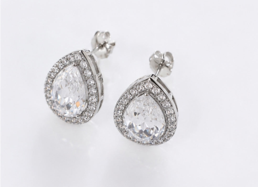 Silver Crystal Teardrop Halo Stud Earrings