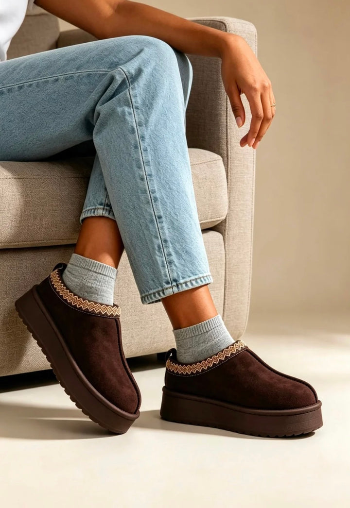 A person seated on a light beige armchair wearing dark brown platform UGG-style slipper boots with decorative beige trim and light gray socks, against a neutral indoor background.