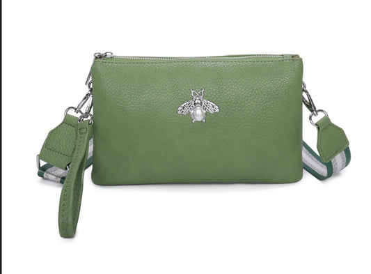 Green handbag with a bee emblem 