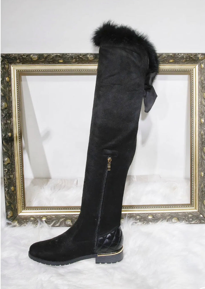 Black over the knee boots with faux fur trim, women’s winter boots
