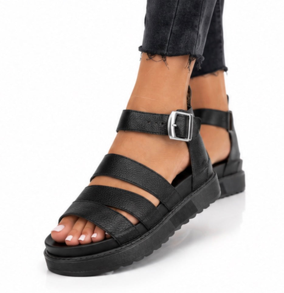 Black Gladiator Sandals – Faux Leather Strappy Summer Shoes