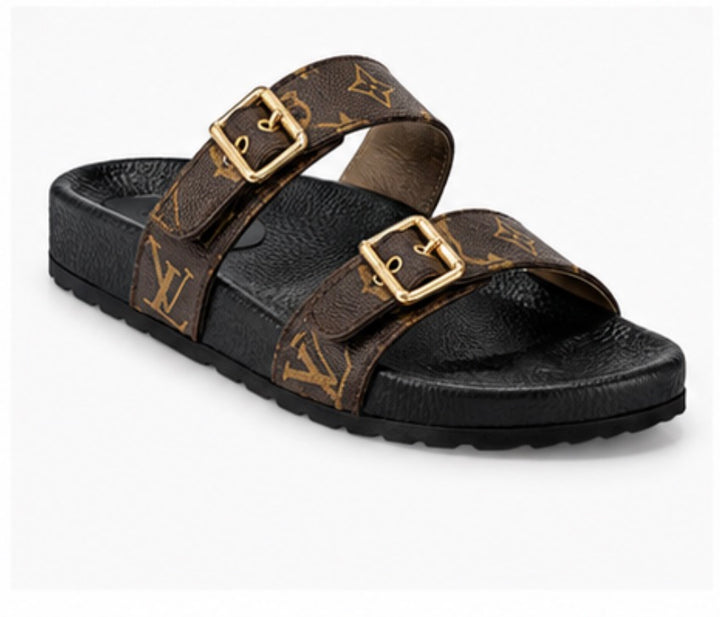 Women’s Brown Double Buckle Comfort Slide Sandals