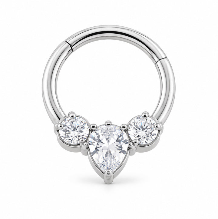 Steel 3 Gem Teardrop Hinged Micro Ring
