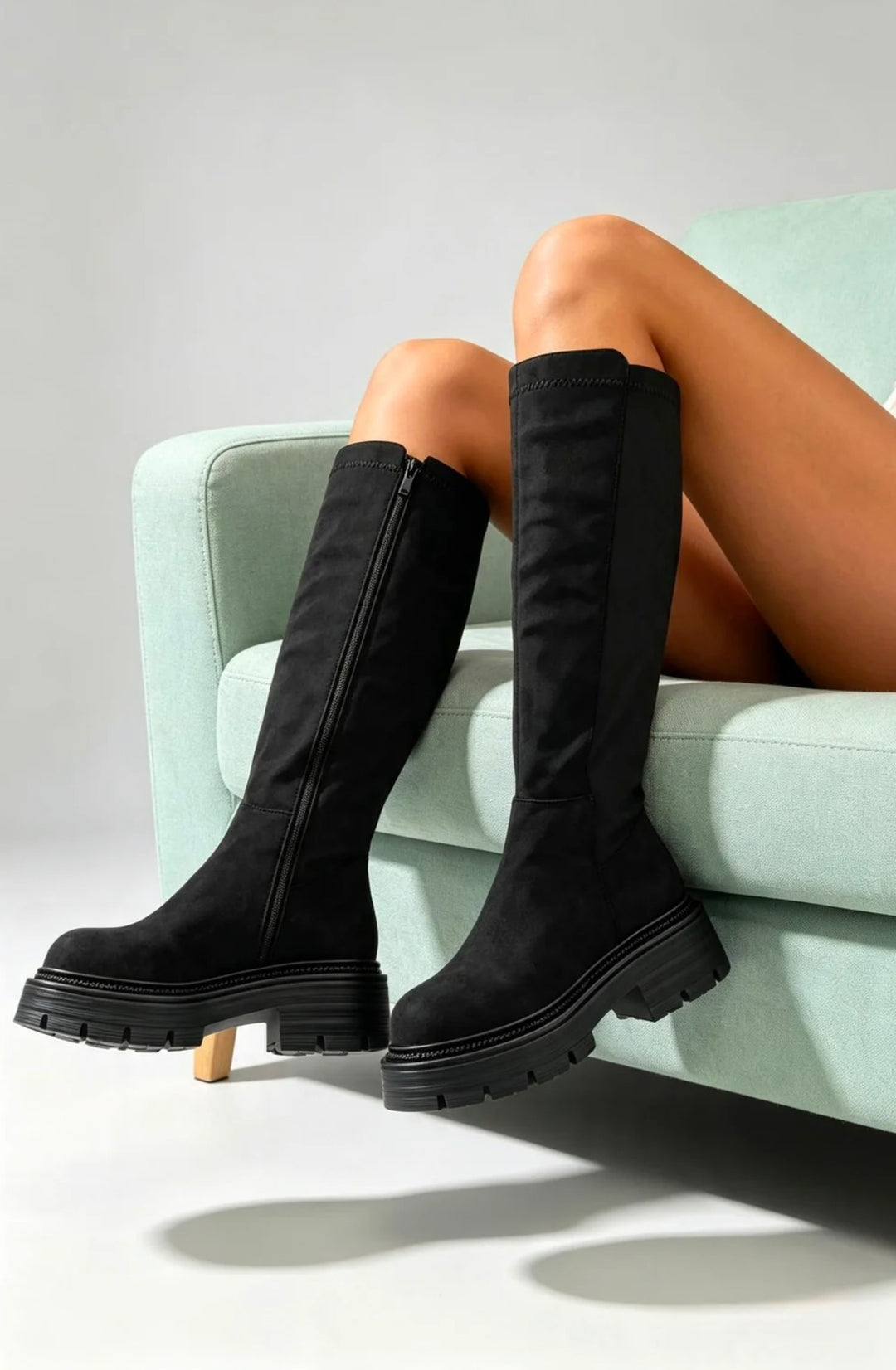 Black faux suede knee high chunky boots with side zip