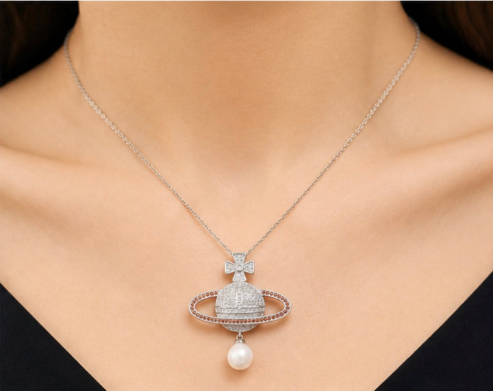 Crystal Planet Pendant Necklace with Pearl Drop