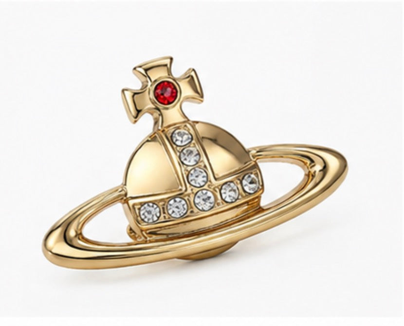 Gold Orb Crystal Brooch with Red Gem Detail