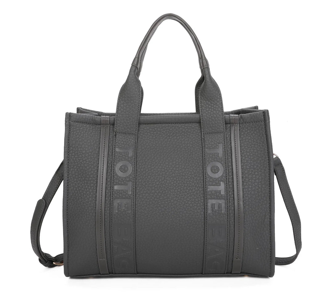 A large stripe print tote bag with double handles and a detachable adjustable long strap in dark grey