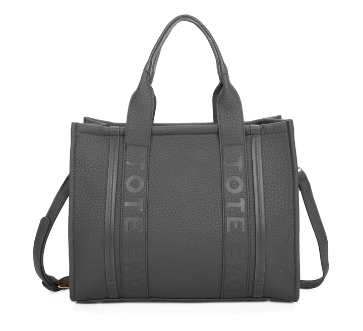 A large stripe print tote bag with double handles and a detachable adjustable long strap in dark grey