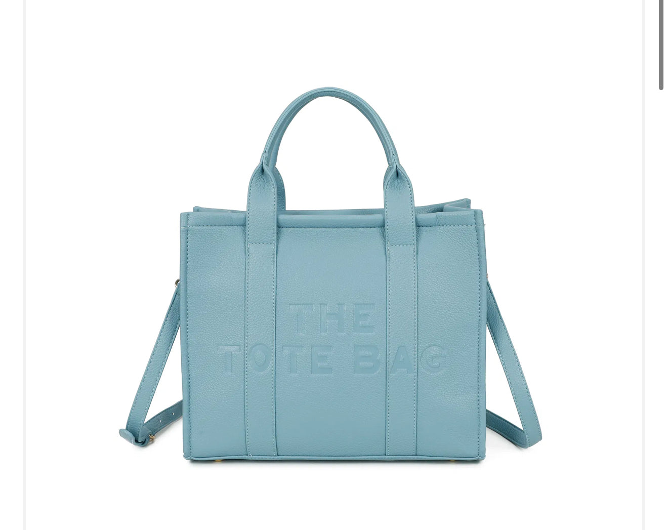 A blue tote bag with embossed ‘The Tote Bag’ text, structured design with top handles and detachable shoulder strap