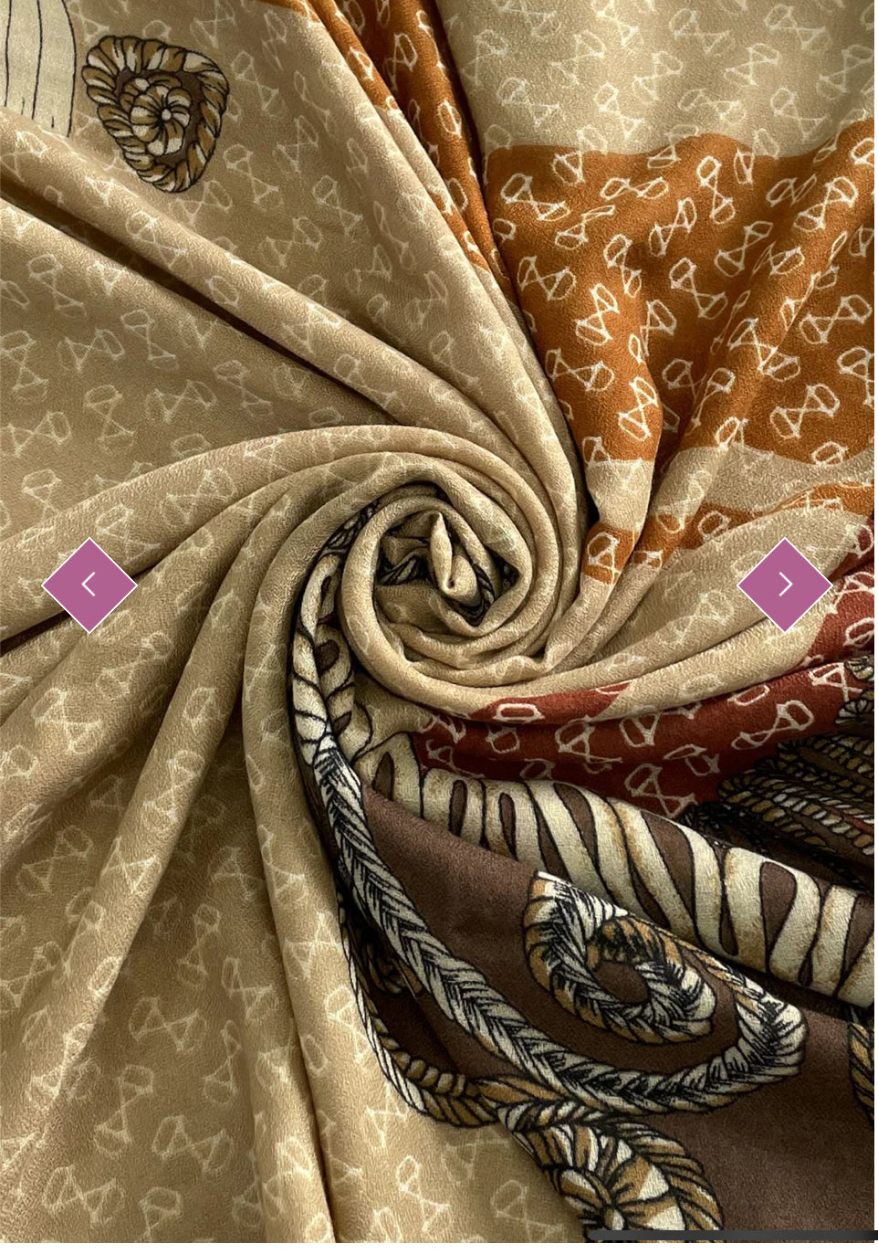 A multicoloured scarf with floral and geometric patterns.
