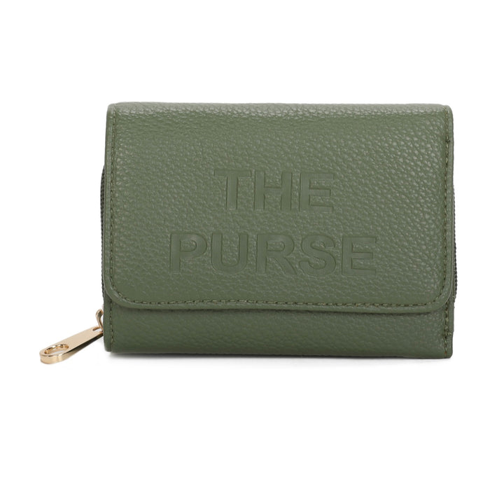 Green faux leather purse with embossed ‘THE PURSE’ lettering and gold zip detail
