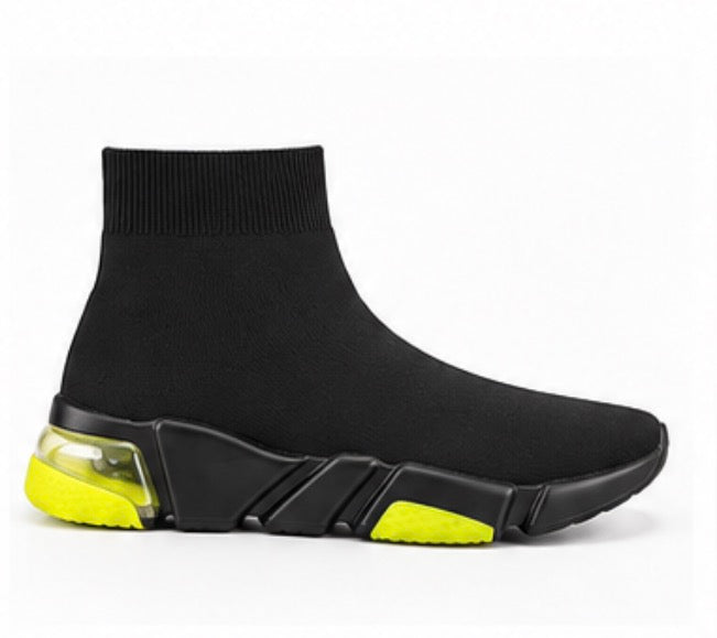 Black chunky sock style slip-on trainers with stretch knitted upper and statement sole, available in black, white and neon colourways