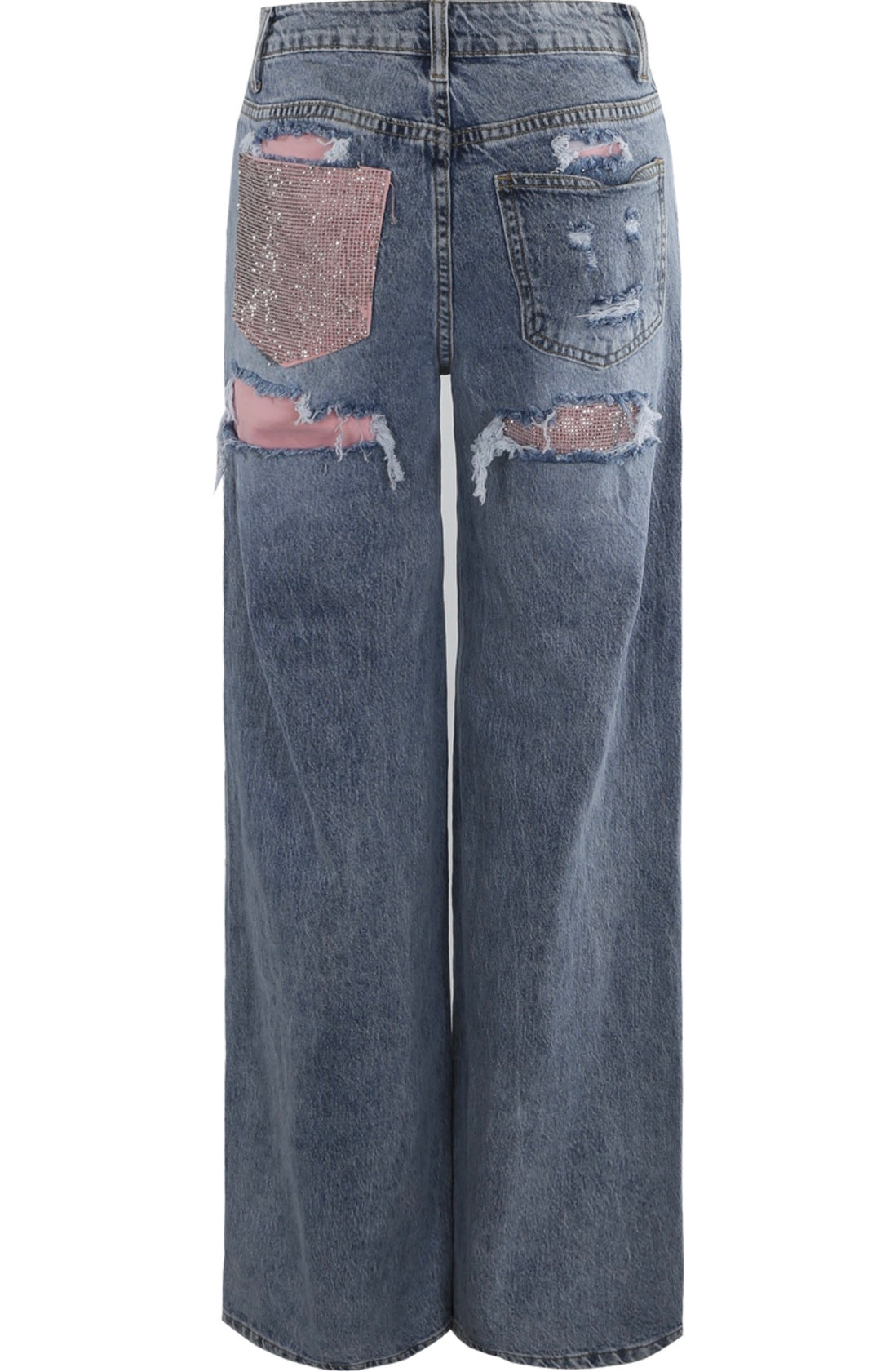     Wide leg denim jeans with ripped detail and pink accents
