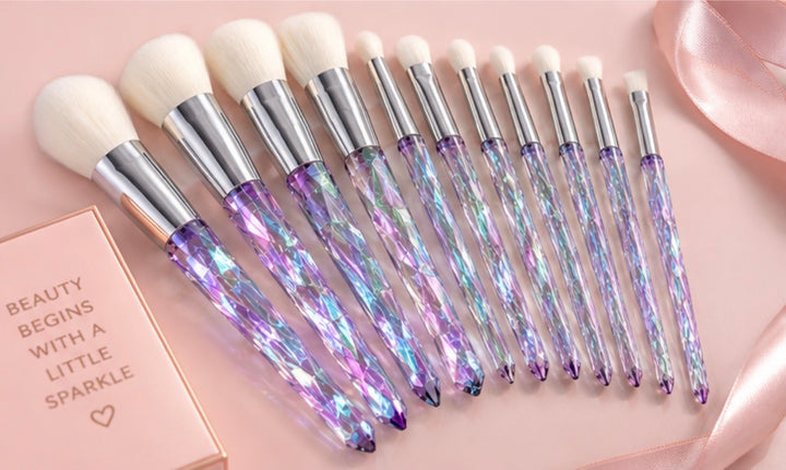 10 Piece Iridescent Crystal Handle Makeup Brush Set