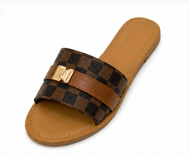 Women’s Checked Flat Slide Sandals with Gold Detail