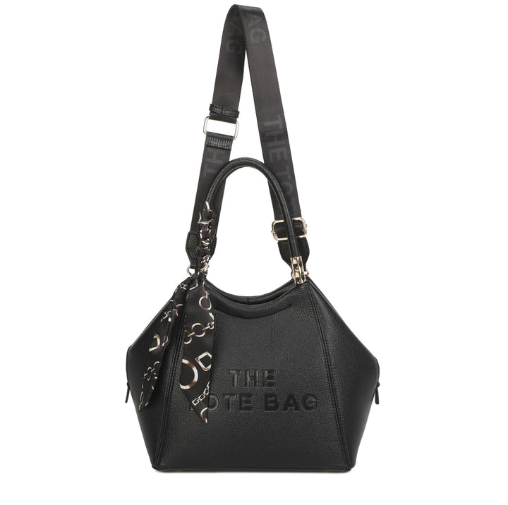 A black pebbled leather handbag with a top handle, a wide shoulder strap, and gold-tone hardware. The front features the text &
