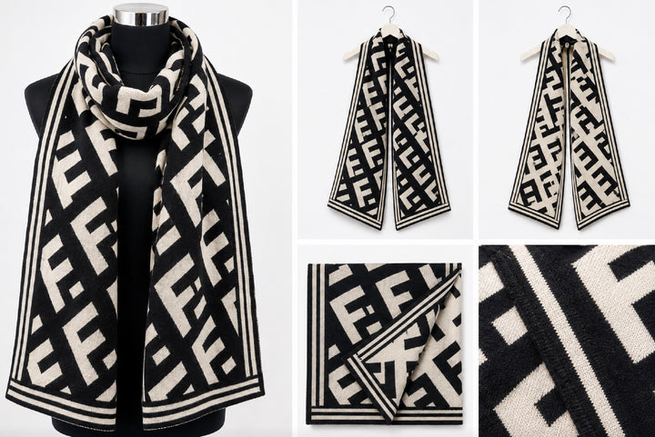 Black and cream geometric monogram patterned winter scarf wrapped around a black mannequin, featuring contrasting striped borders.