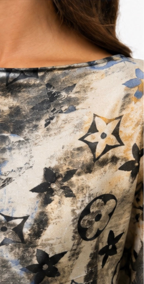 Abstract Floral Print Oversized Tunic Top