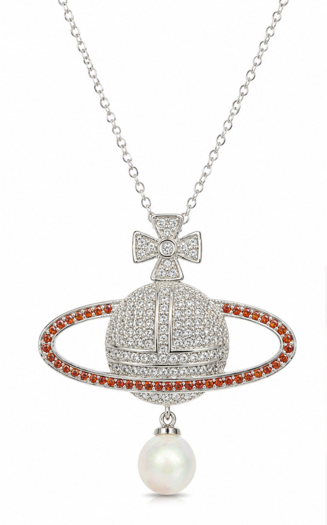 Crystal Planet Pendant Necklace with Pearl Drop