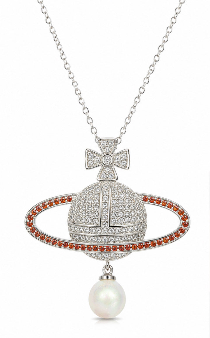 Crystal Planet Pendant Necklace with Pearl Drop