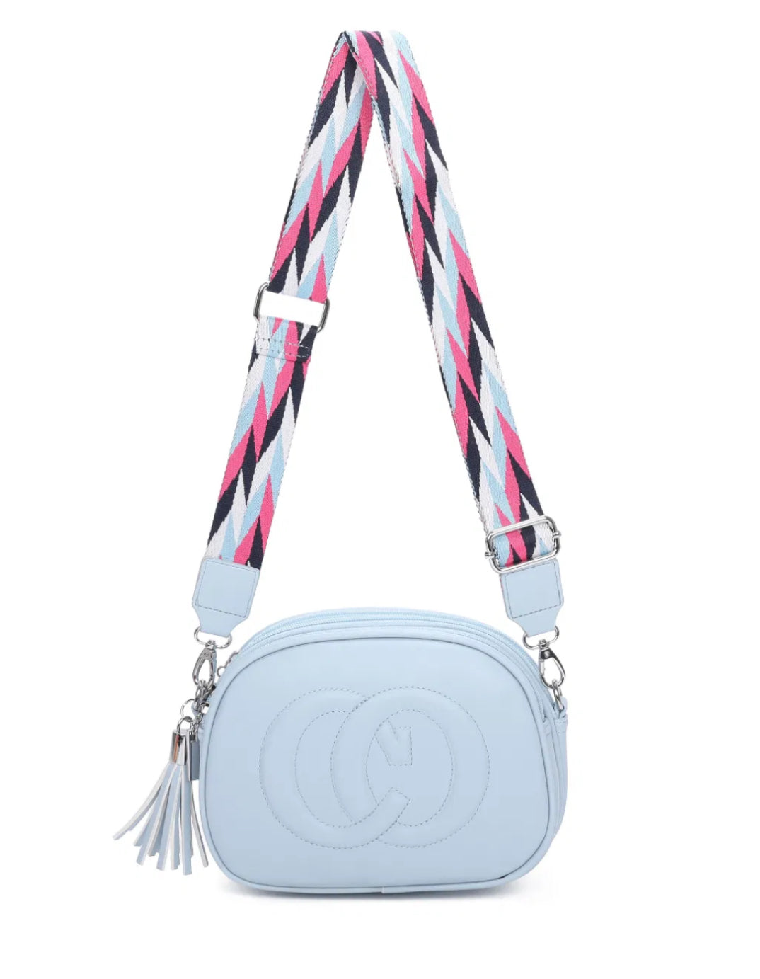 A animal patterned strap cross body bag with a detachable and adjustable strap, featuring multiple zipped compartments and golden tone metal hardware.