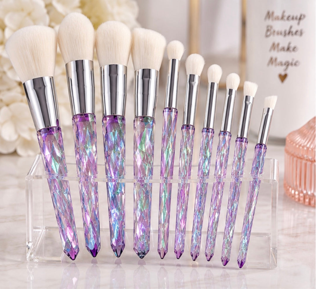 10 Piece Iridescent Crystal Handle Makeup Brush Set