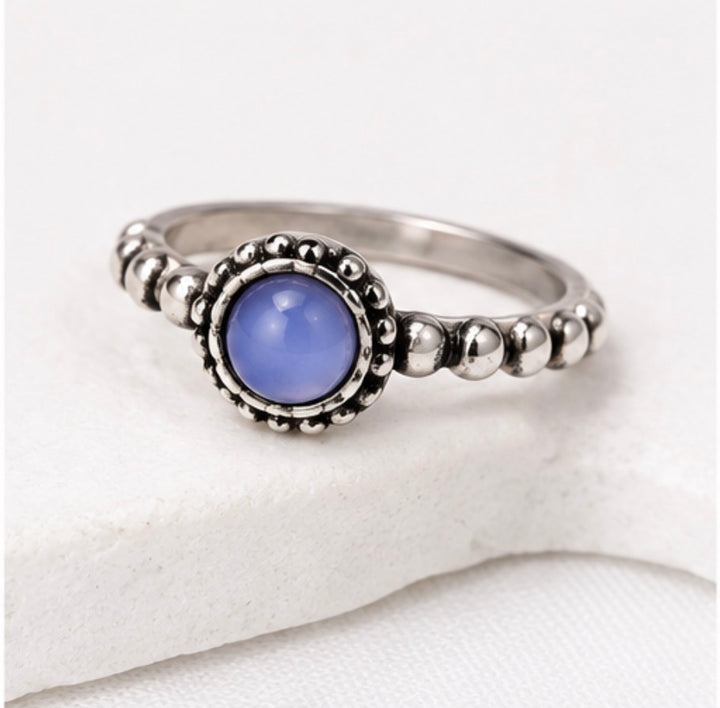 Silver Beaded Gemstone Ring – Assorted Colours