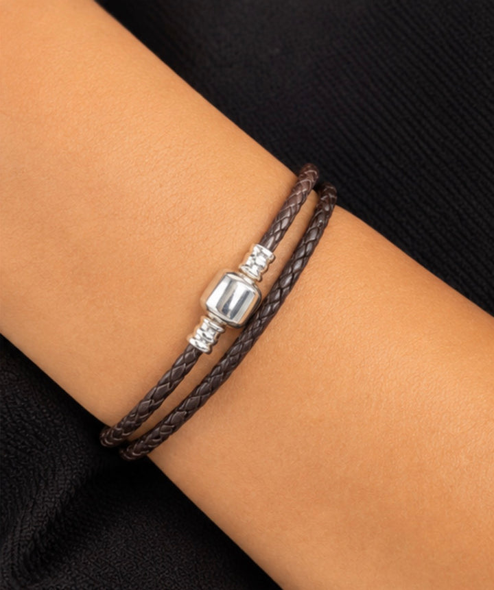 Brown Braided Double Wrap Bracelet with Silver Clasp