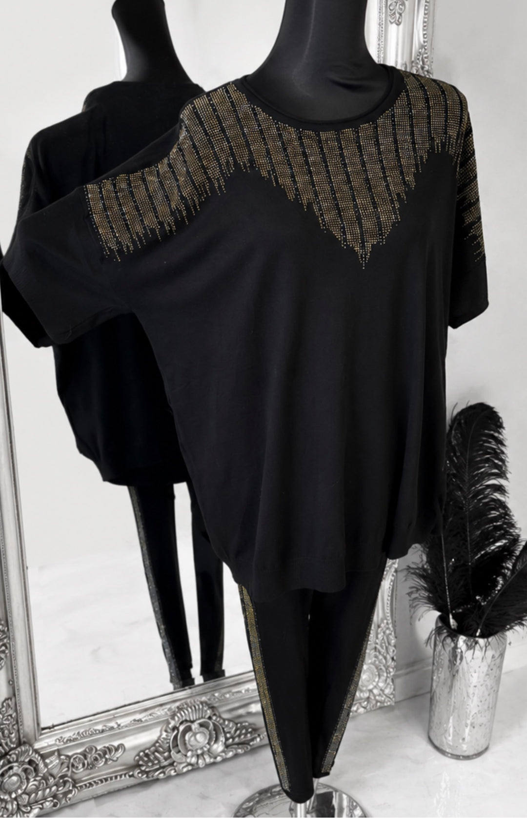 Embellished Lounge Set – Oversized Sparkle Top &amp; Side Stripe Leggings