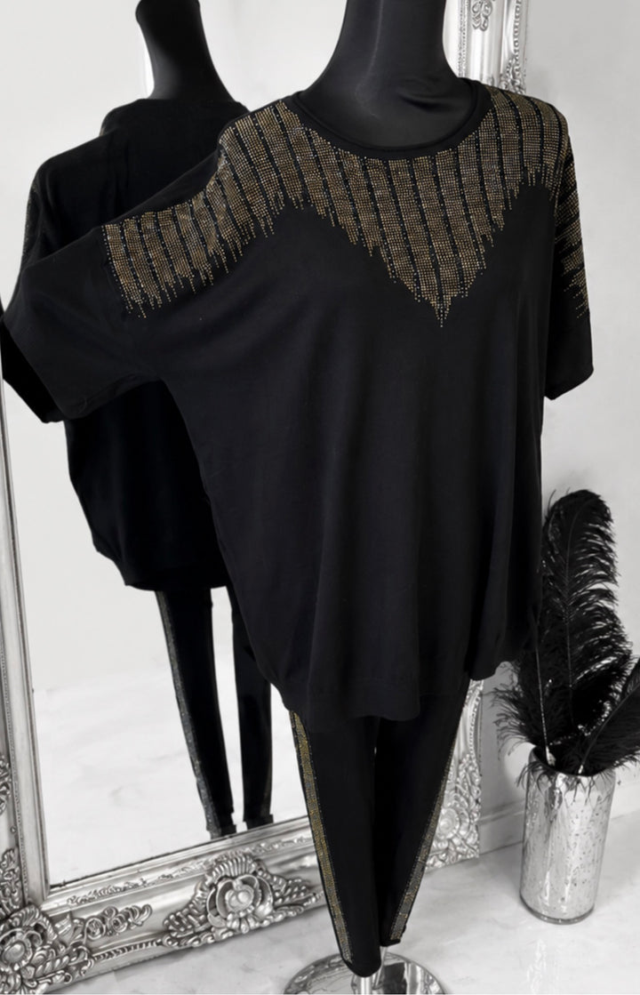 Embellished Lounge Set – Oversized Sparkle Top &amp; Side Stripe Leggings