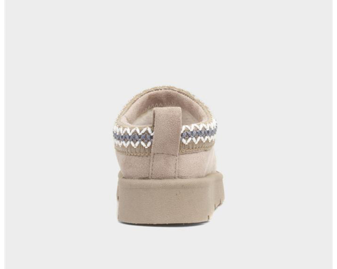 Beige suede slip-on mule slippers with thick sole and zigzag woven trim detail