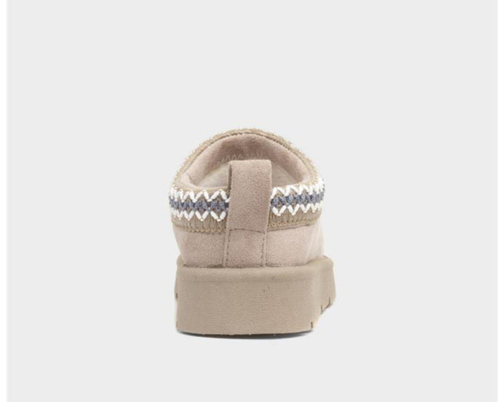 Beige suede slip-on mule slippers with thick sole and zigzag woven trim detail