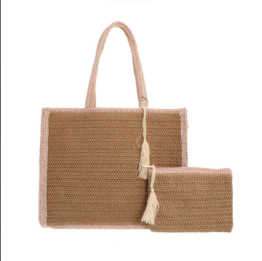 Woven Straw Beach Tote Bag with Matching Zip Pouch
